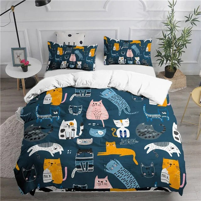 Cat Bedding Set Cartoon Playful Kitty Cat Duvet Covers Blue Unique Gift