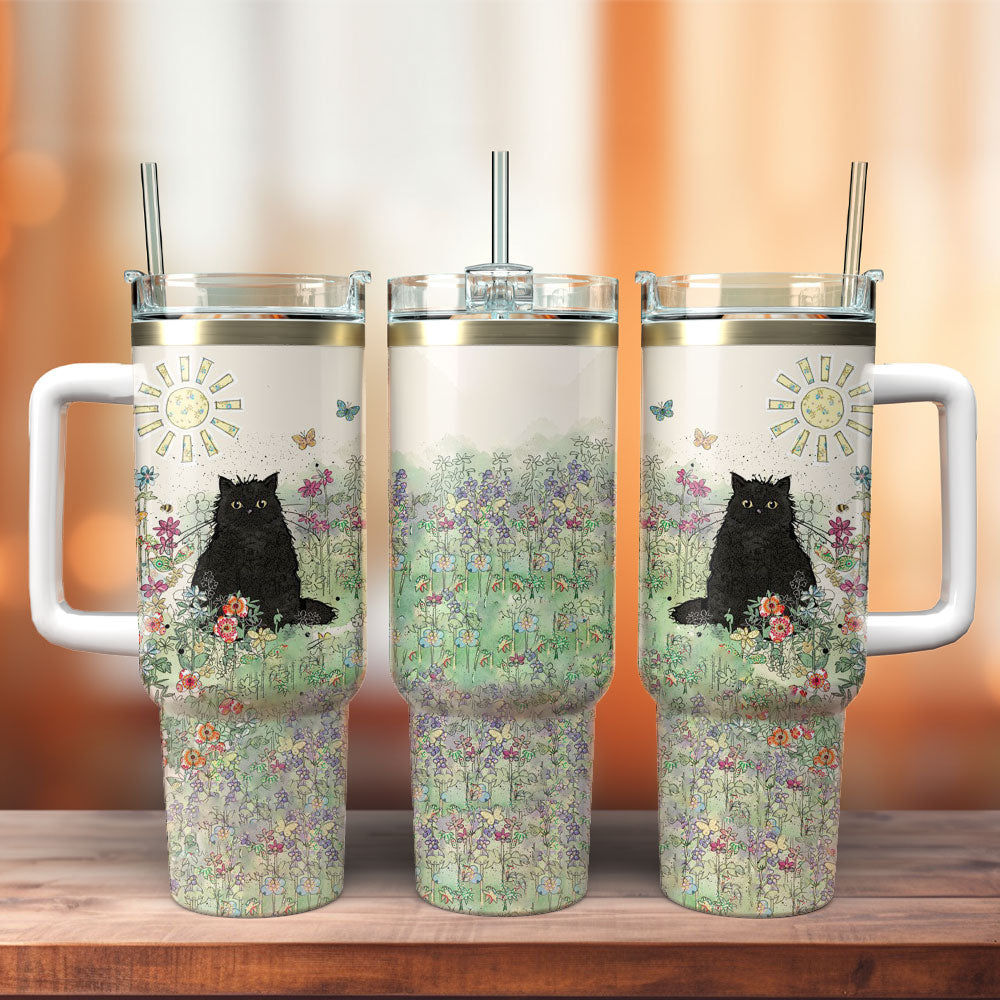 Cat 40 Oz Tumbler Cat On The Flower Field Tumbler 40 Oz Colorful