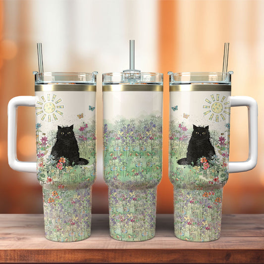 Cat 40 Oz Tumbler Cat On The Flower Field Tumbler 40 Oz Colorful