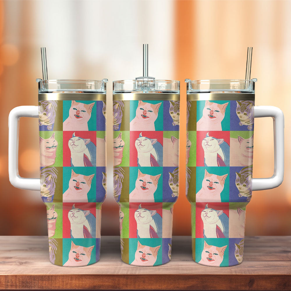 Cat 40 Oz Tumbler Funny Meme Cat Pattern Tumbler 40 Oz Colorful