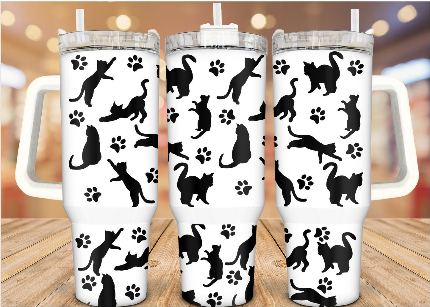 Cat 40 Oz Tumbler Cat Poses Silhouette Pattern Tumbler 40 Oz Black White