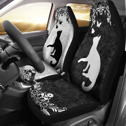 Cat Car Seat Covers Cat Silhouette Leaves And Butterlies Seat Covers Black White