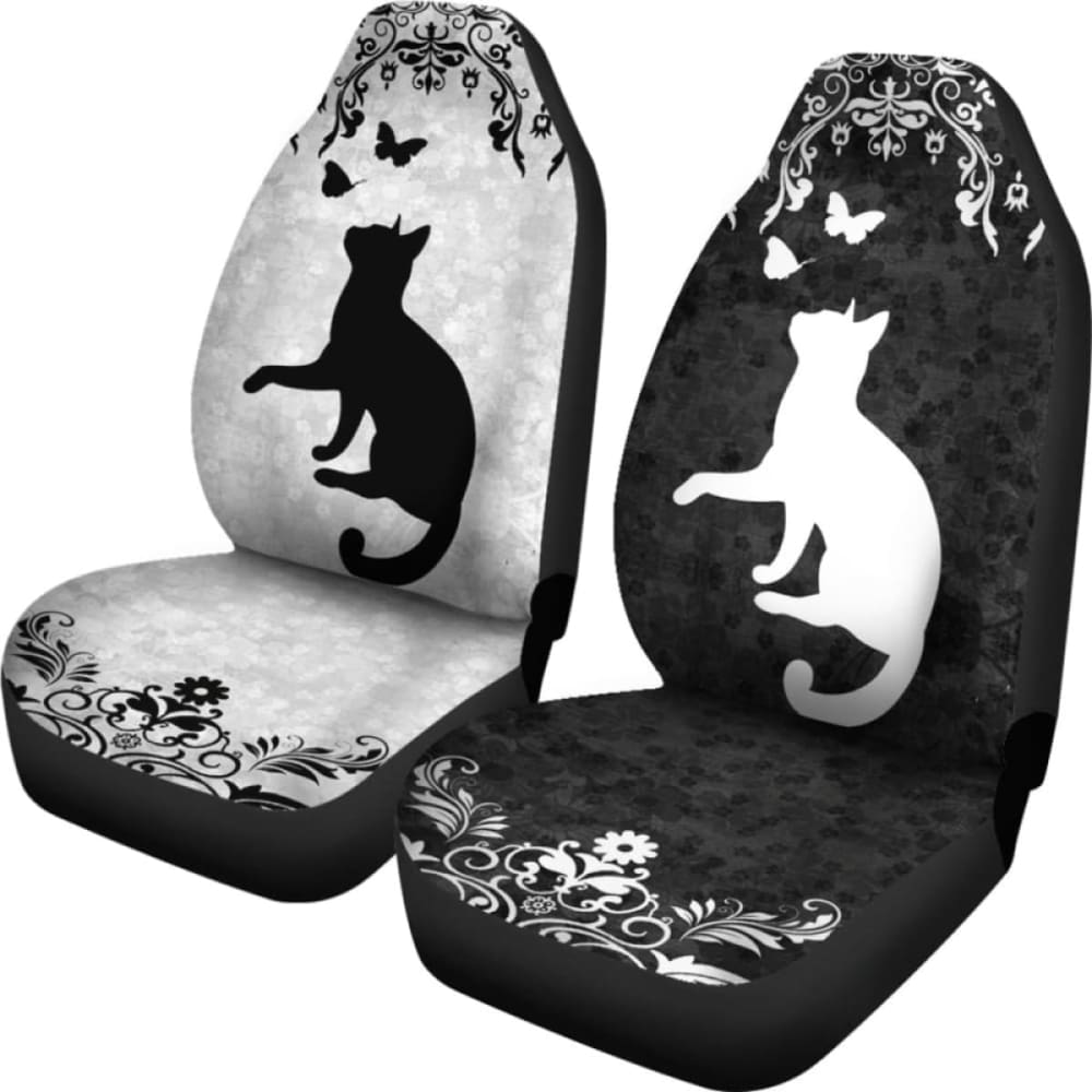 Cat Car Seat Covers Cat Silhouette Leaves And Butterlies Seat Covers Black White