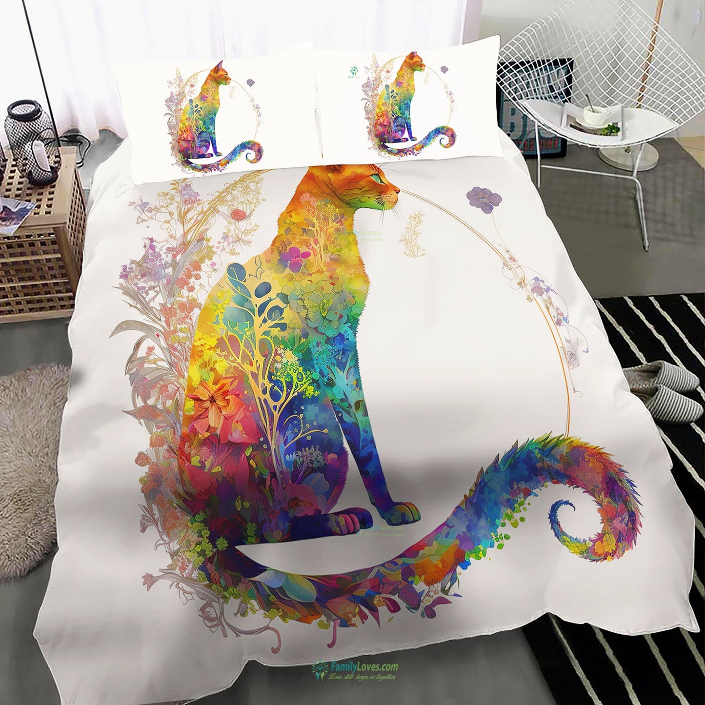 Cat Bedding Set Cat And Flower Watercolor Art Duvet Covers Colorful Unique Gift