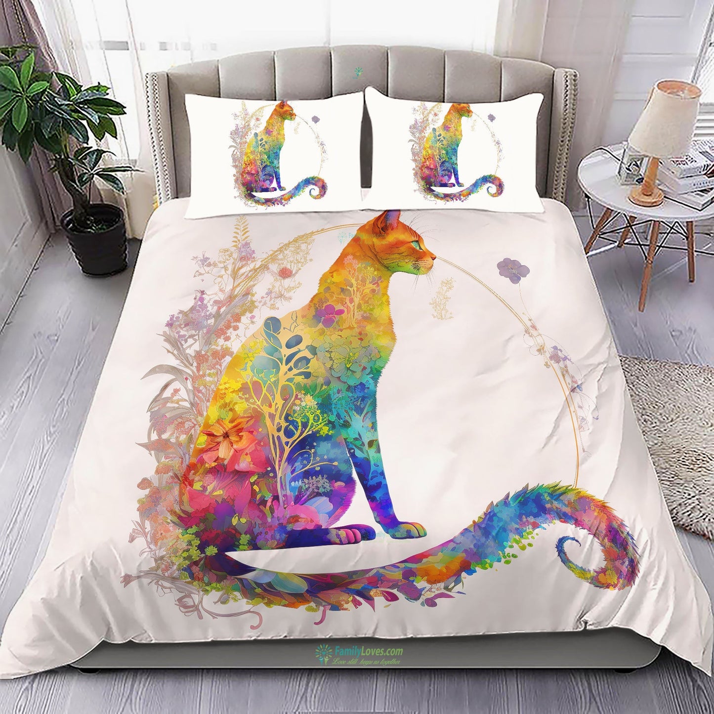 Cat Bedding Set Cat And Flower Watercolor Art Duvet Covers Colorful Unique Gift