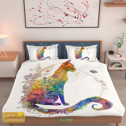 Cat Bedding Set Cat And Flower Watercolor Art Duvet Covers Colorful Unique Gift