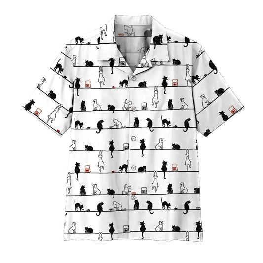 Cat Hawaii Shirt Cute Cat Pose Playing Pattern Hawaiian Shirt Black White Unisex