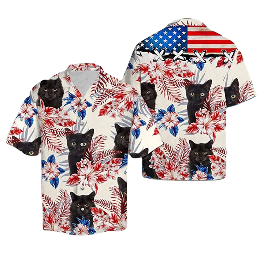 Cat Hawaii Shirt Black Cat Hibiscus Flower American Flag Hawaiian Shirt Colorful Unisex