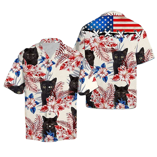 Cat Hawaii Shirt Black Cat Hibiscus Flower American Flag Hawaiian Shirt Colorful Unisex