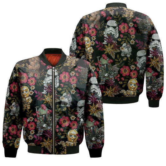 SW Bomber Jacket Chibi Style Stormtrooper C3PO Tropical Bomber Black Unisex