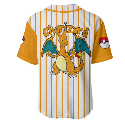 PKM Baseball Jersey PKM Charizard Graphic Jersey Shirt Orange White Unisex