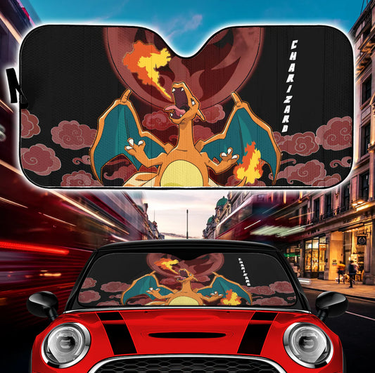 PKM Car Sun Shade PKM Charizard Cloud Pattern Winshield Sun Shade Black Red