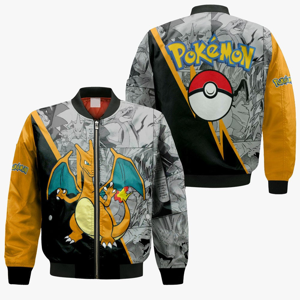 PKM Bomber Jacket PKM Charizard Pokeball Manga Pattern Bomber Black Orange Unisex