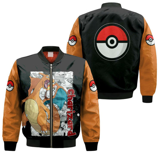 PKM Bomber Jacket Charizard Pokeball Manga Pattern Bomber Black Orange Unisex