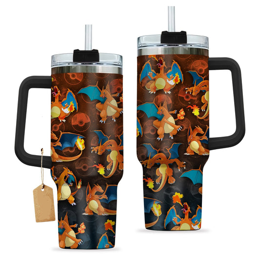 PKM 40 Oz Tumbler PKM Charizard Pokeball Pattern Tumbler 40 Oz Orange