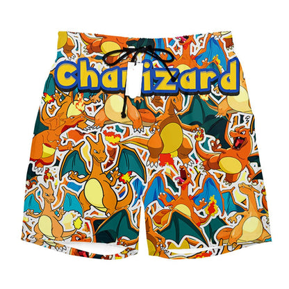 PKM Shorts PKM Charizard Graphic Pattern Beach Shorts Orange