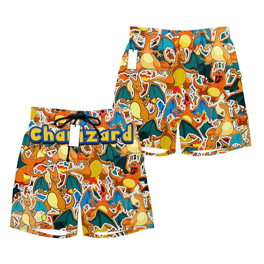 PKM Shorts PKM Charizard Graphic Pattern Beach Shorts Orange