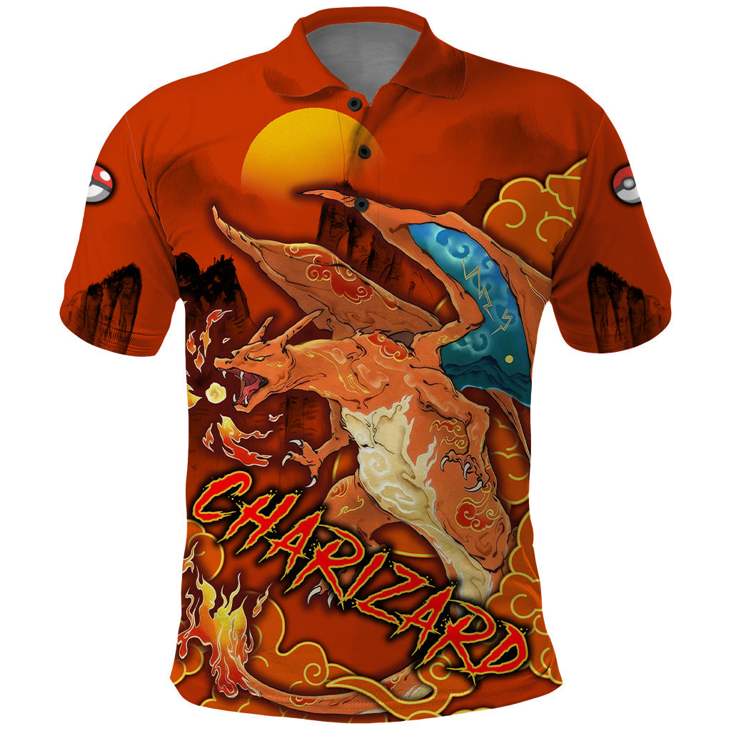 PKM Polo Shirt PKM Charizard Anime Style Polo Tees Orange