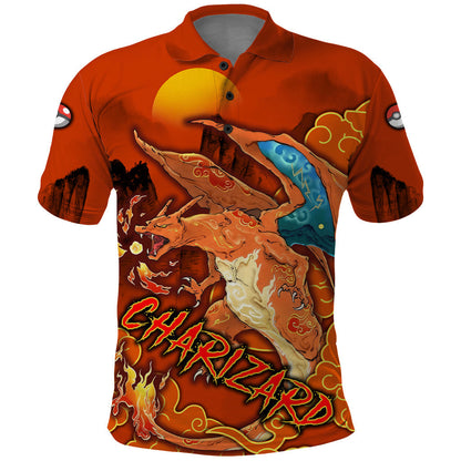 PKM Polo Shirt PKM Charizard Anime Style Polo Tees Orange