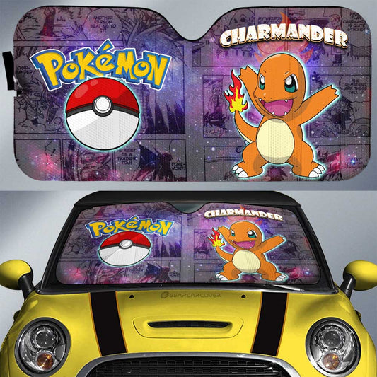 PKM Car Sun Shade Charmander Pokeball Galaxy Manga Pattern Winshield Sun Shade Orange Purple