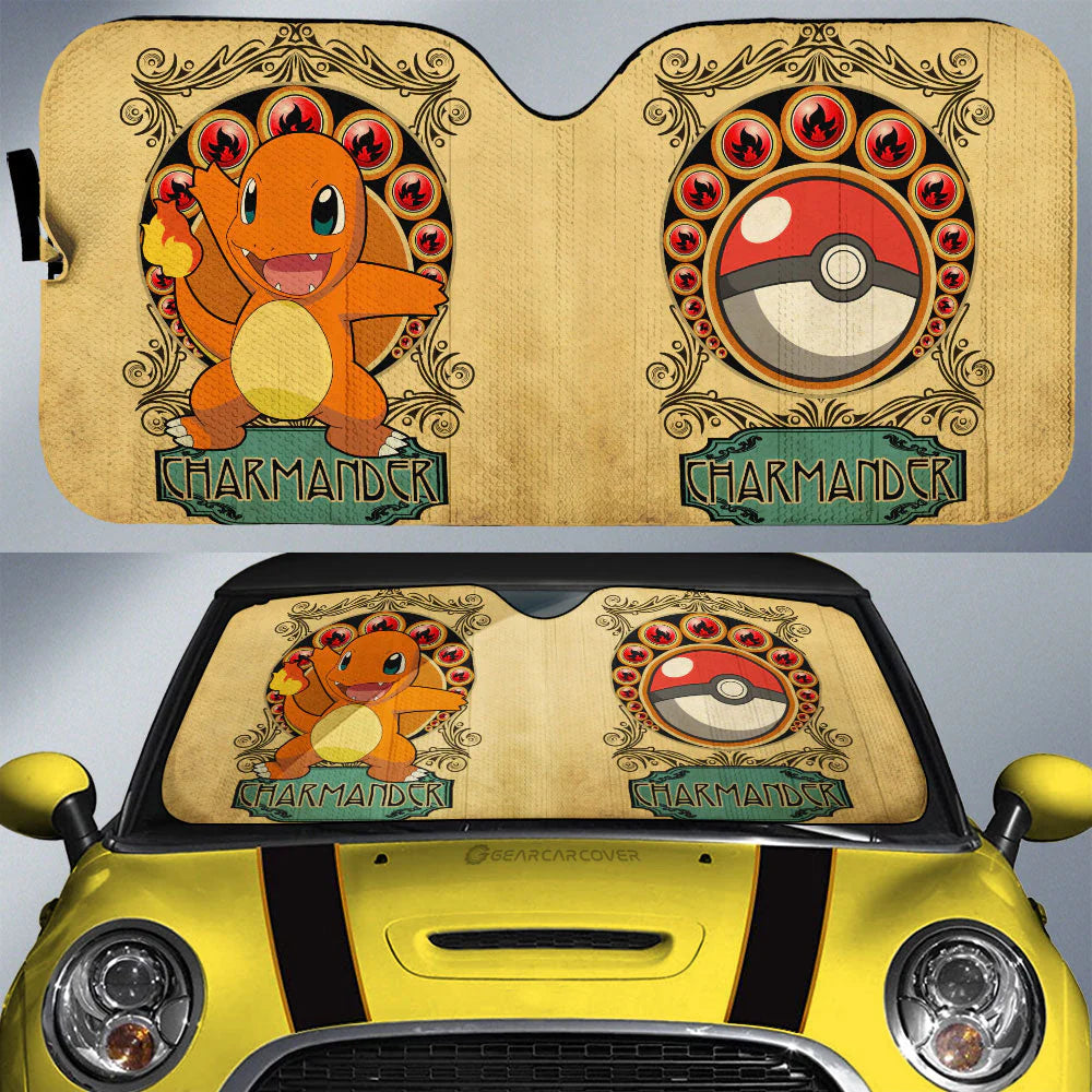 PKM Car Sun Shade Vintage Charmander Fire Pokeball Pattern Winshield S ...