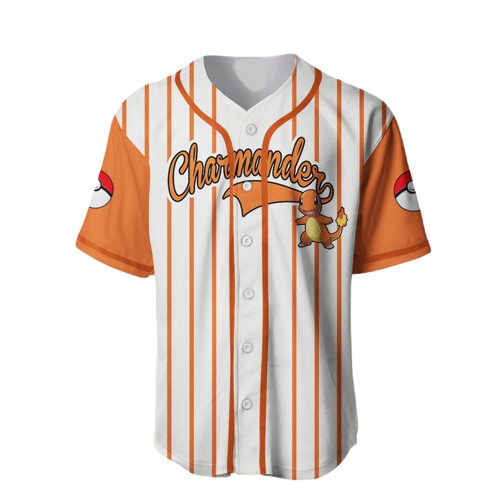 PKM Baseball Jersey PKM Charmander Graphic Jersey Shirt Orange White Unisex