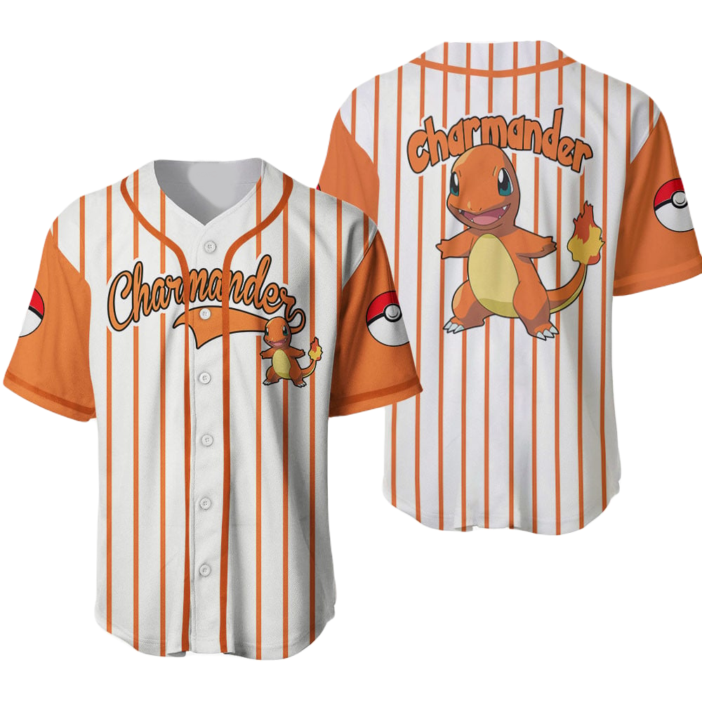 PKM Baseball Jersey PKM Charmander Graphic Jersey Shirt Orange White Unisex