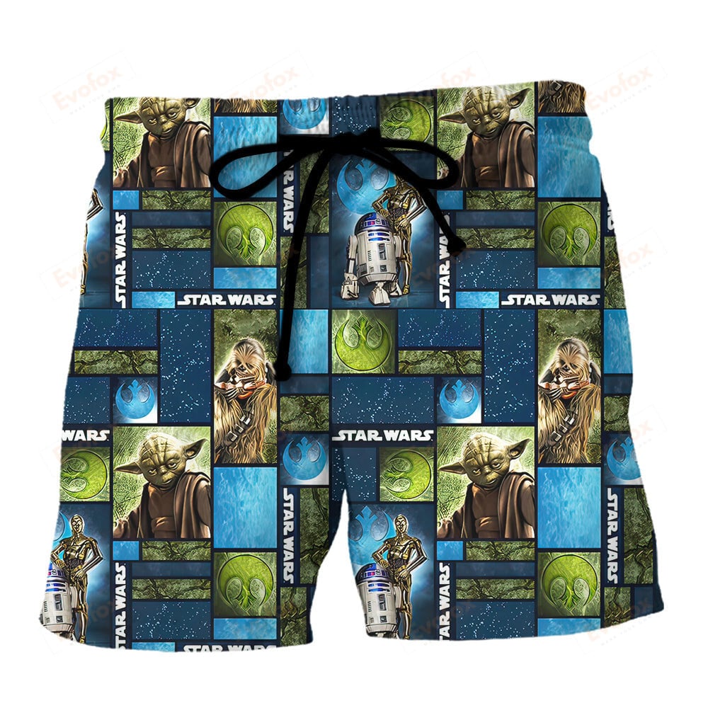 SW Shorts SW Chewie R2-D2 C-3PO Pattern Beach Shorts Blue Green