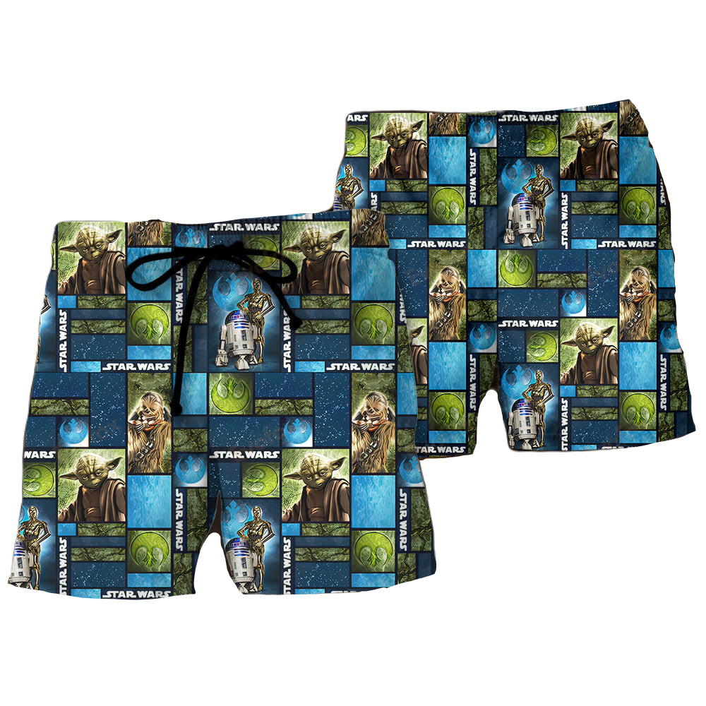 SW Shorts SW Chewie R2-D2 C-3PO Pattern Beach Shorts Blue Green