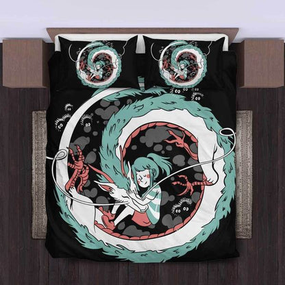 SGhibli Bedding Set Chibi Chihiro And Haku Graphic Duvet Covers Black Unique Gift