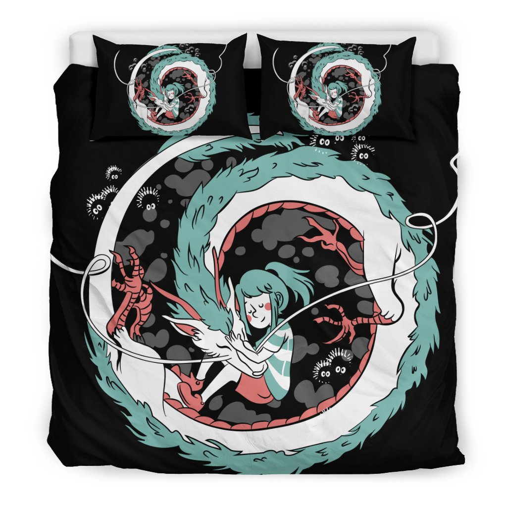 SGhibli Bedding Set Chibi Chihiro And Haku Graphic Duvet Covers Black Unique Gift