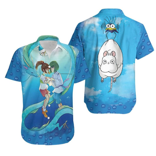 SGhibli Hawaii Shirt Chihiro Kohaku Boh Mouse Graphic Hawaiian Shirt Blue Unisex