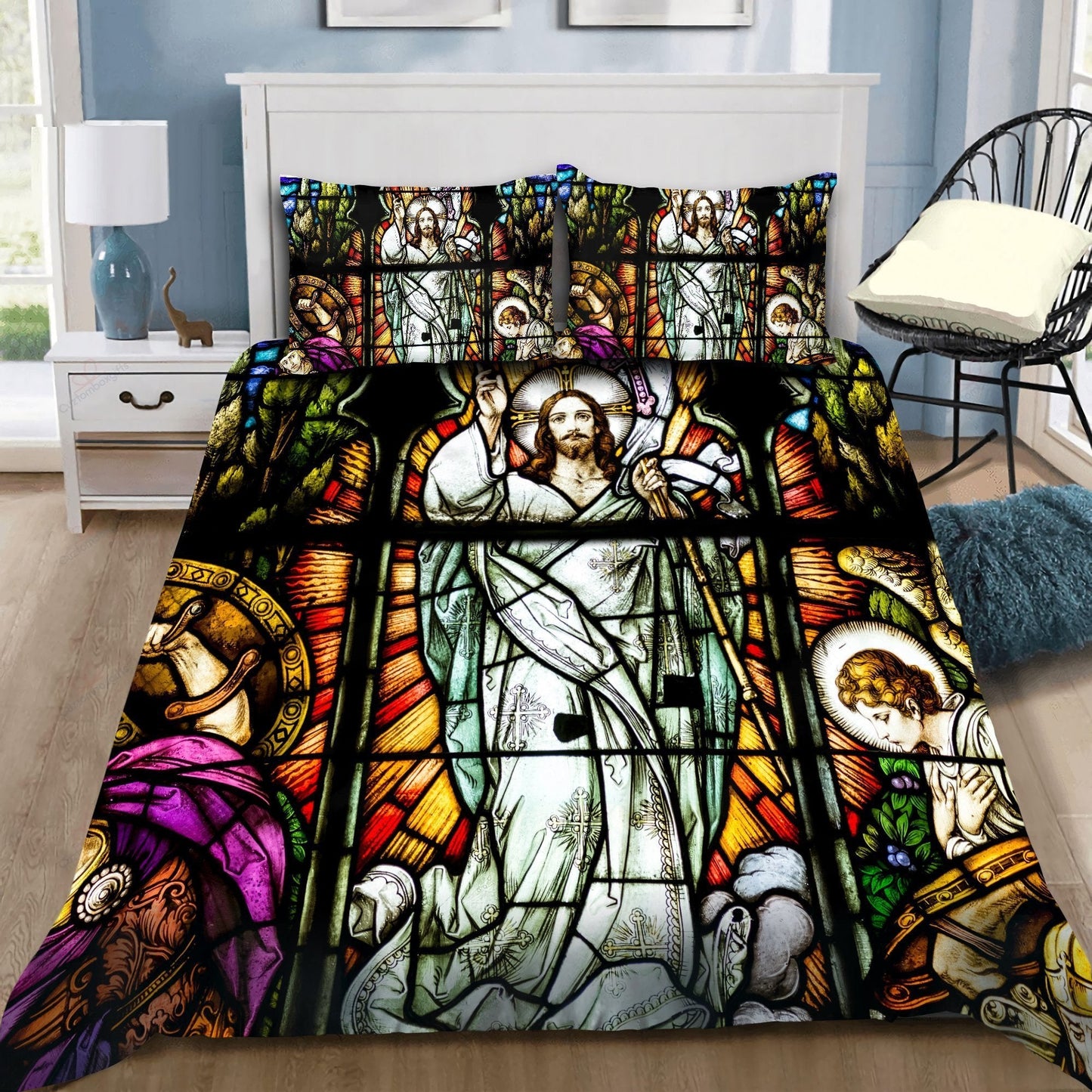 Jesus Bedding Set Jesus God In Stained Glass Duvet Covers Colorful Unique Gift