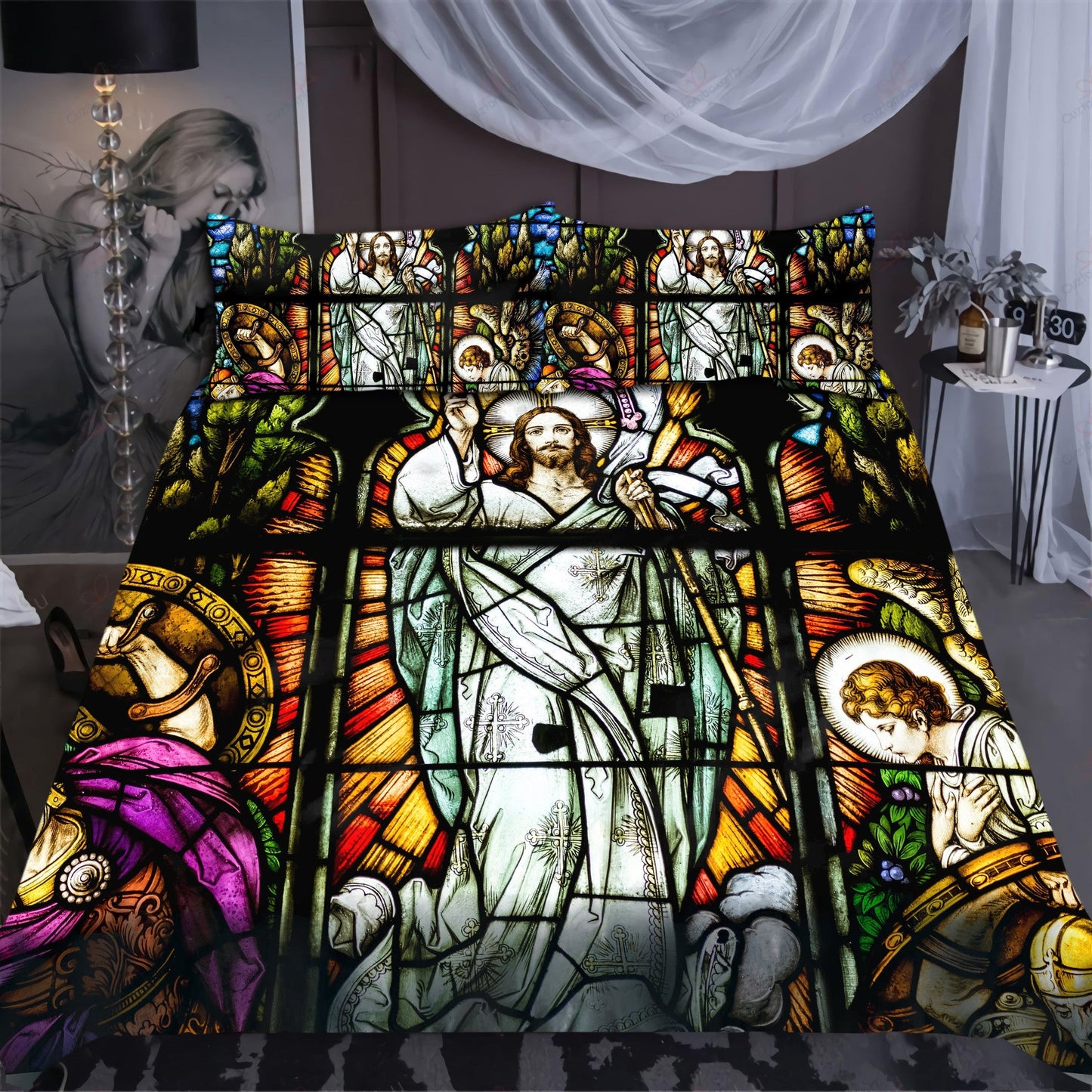 Jesus Bedding Set Jesus God In Stained Glass Duvet Covers Colorful Unique Gift