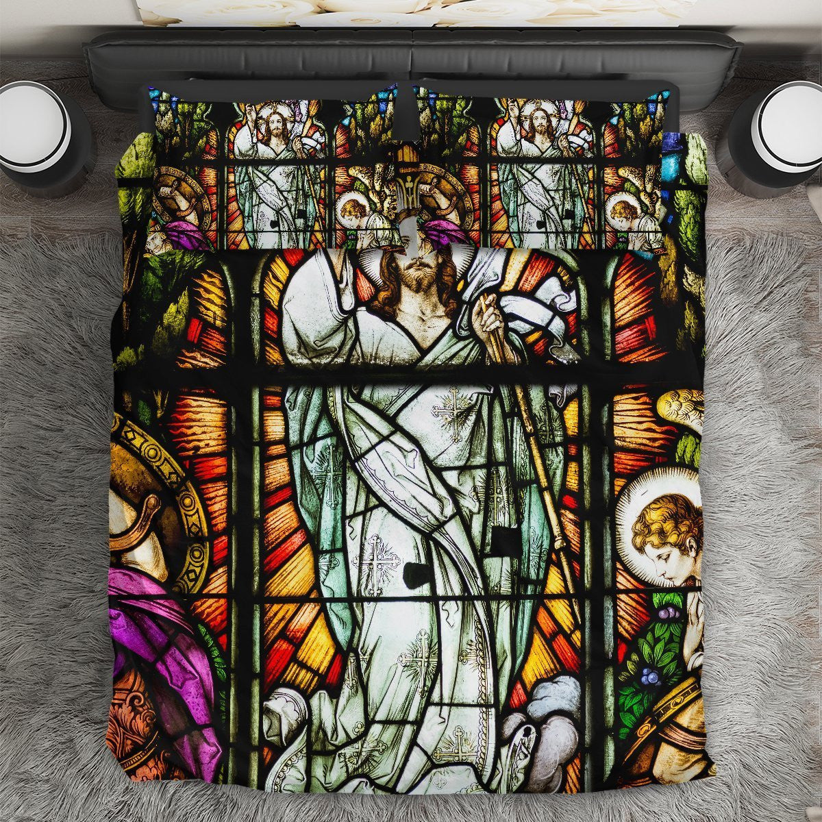 Jesus Bedding Set Jesus God In Stained Glass Duvet Covers Colorful Unique Gift