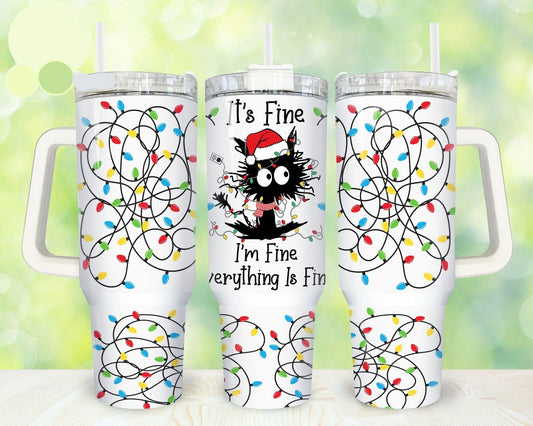 Cat 40 Oz Tumbler Christmas Cat I'm Fine Everything Is Fine Tumbler 40 Oz White