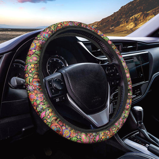 Hippie Steering Wheel Cover Hippie Flower And Leaves Mandala Pattern Driving Wheel Cover Colorful