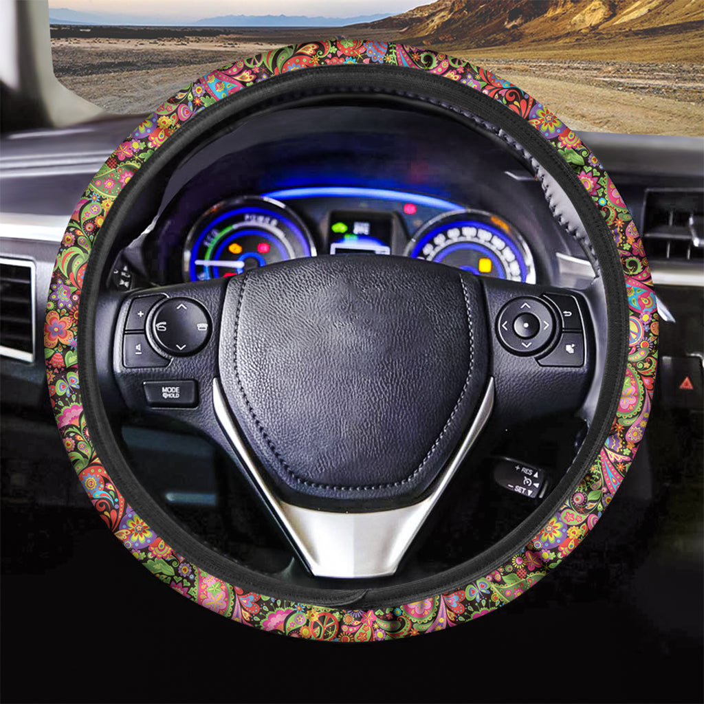 Hippie Steering Wheel Cover Hippie Flower And Leaves Mandala Pattern Driving Wheel Cover Colorful