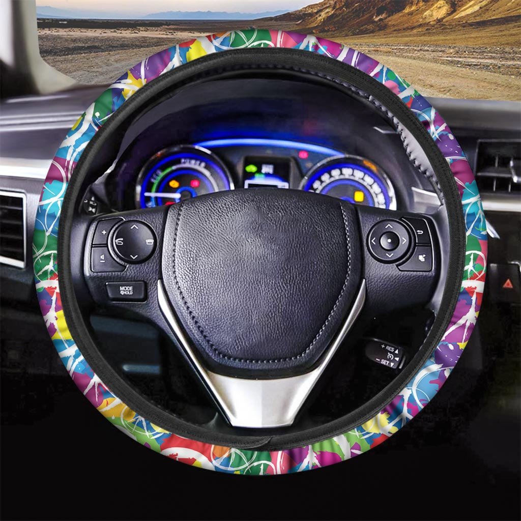 Hippie Steering Wheel Cover Hippie Peace Sign Drawing Pattern Driving Wheel Cover Colorful