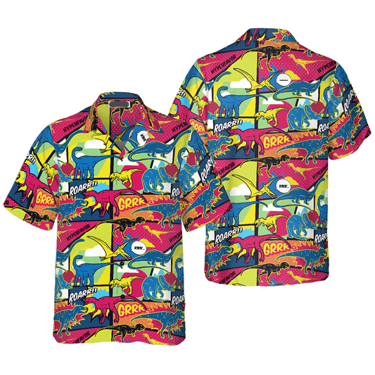 Dinosaur Hawaii Shirt Comic Dinosaur Roar Grrr Pattern Hawaiian Shirt Colorful Unisex