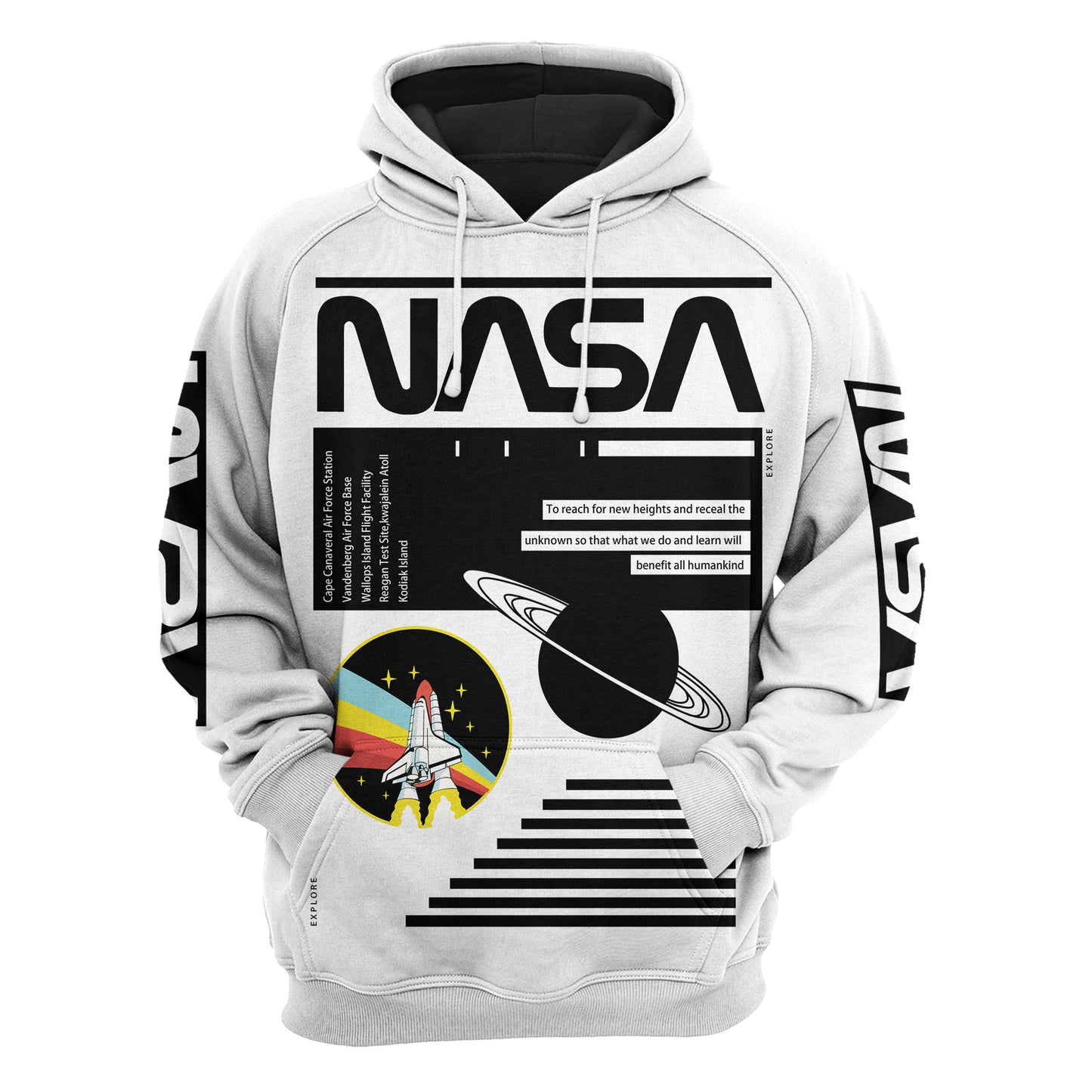 NASA Hoodie Nasa Spaceship And Planet Graphic Hoodie Black White Unisex