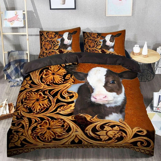 Cow Bedding Set Cow Wooden Carved Flower Duvet Covers Brown Unique Gift