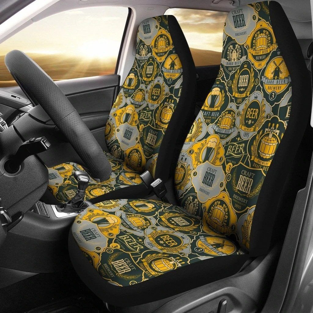 Beer Car Seat Covers Craft Beer Vintage Style Pattern Seat Covers Black Yellow