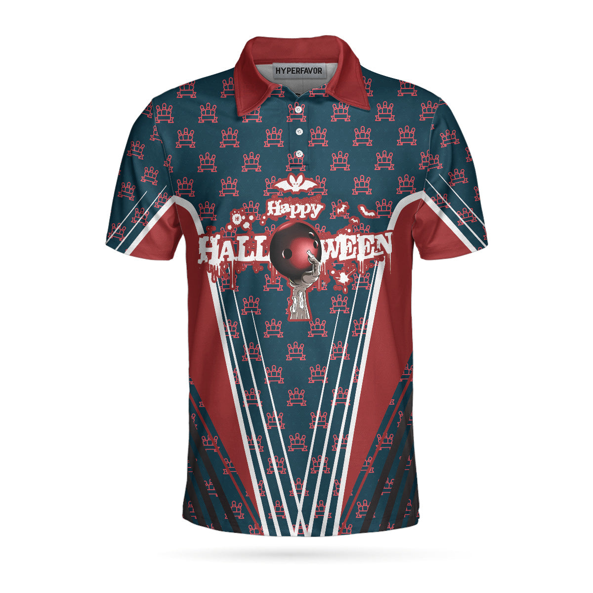 Bowling Polo Shirt Happy Halloween Bowling Pins Pattern Boys Polo Shirts Blue Red