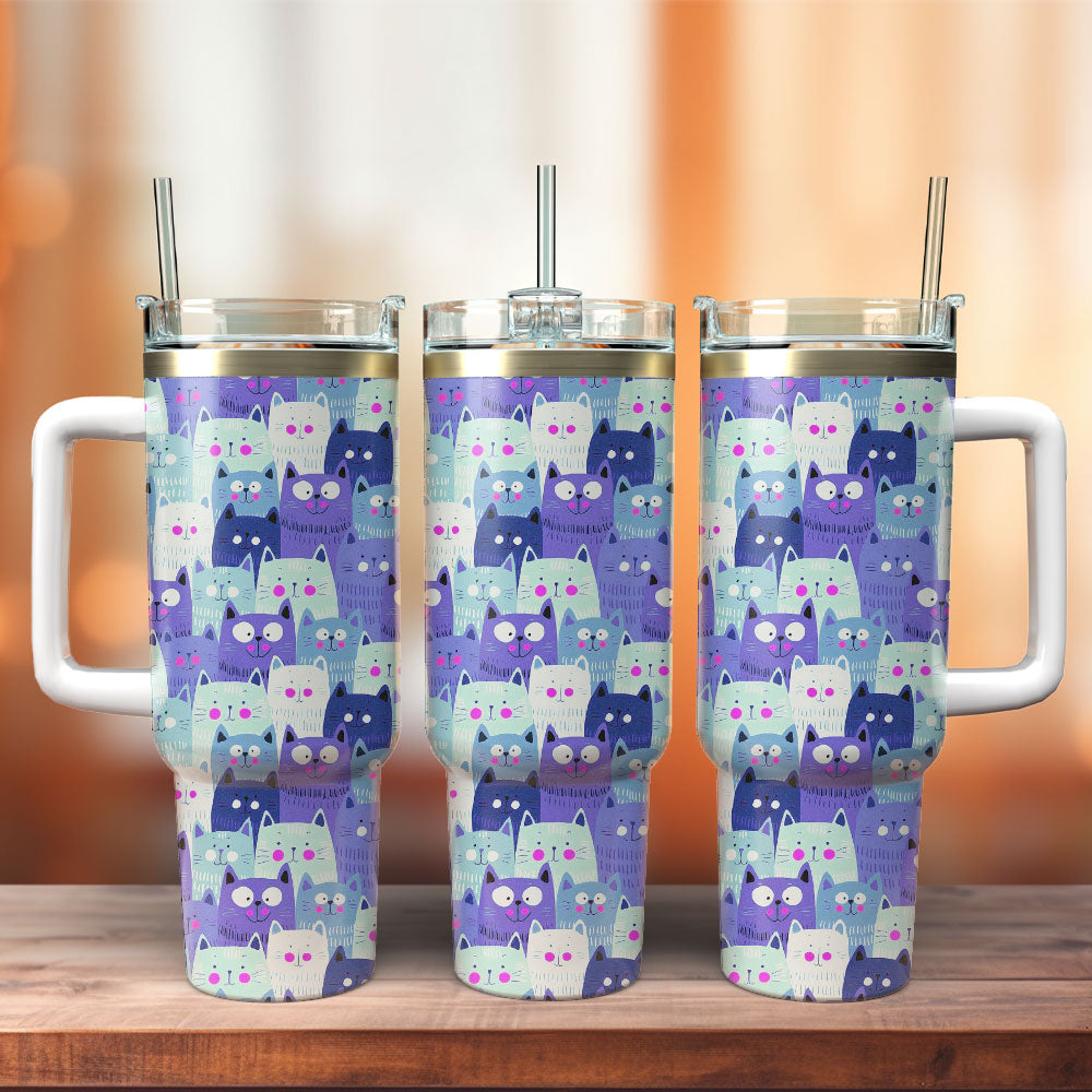 Cat 40 Oz Tumbler Cute Cat Cartoon Doodle Pattern Tumbler 40 Oz Blue