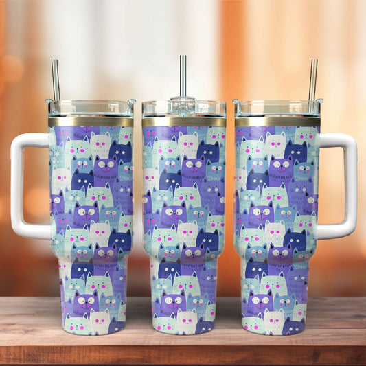 Cat 40 Oz Tumbler Cute Cat Cartoon Doodle Pattern Tumbler 40 Oz Blue