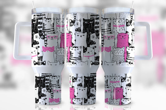 Cat 40 Oz Tumbler Drawing Cute Cat Doodle Pattern Tumbler 40 Oz Black White