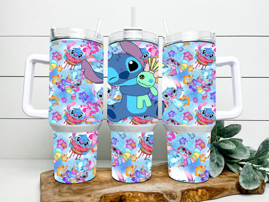 Stitch 40 Oz Tumbler Stitch Eating Watermelon Summer Pattern Tumbler 40 Oz Blue