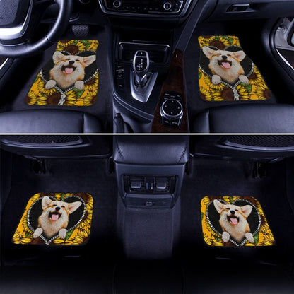 Dog Car Floor Mats Happy Face Corgi Sunflower Zipper Pattern Car Mats