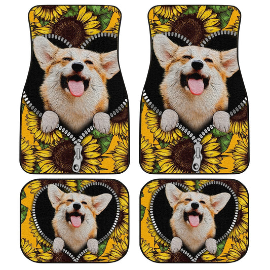 Dog Car Floor Mats Happy Face Corgi Sunflower Zipper Pattern Car Mats